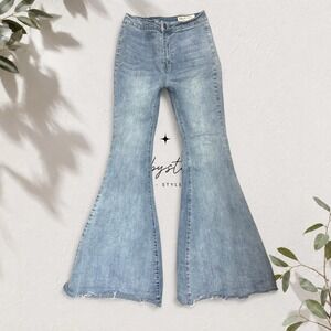 Wish List Medium Wash Flare Jeans Raw Hem Denim Bell Bottoms Size M